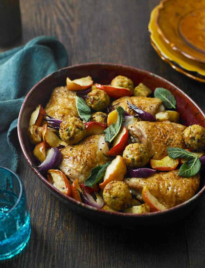 Recipe: Easy roast chicken with apples and mini stuffing balls