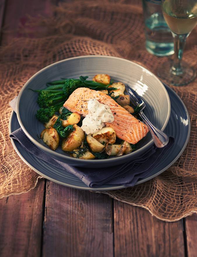 Recipe: Roast salmon fillets with a crème fraîche and caper sauce