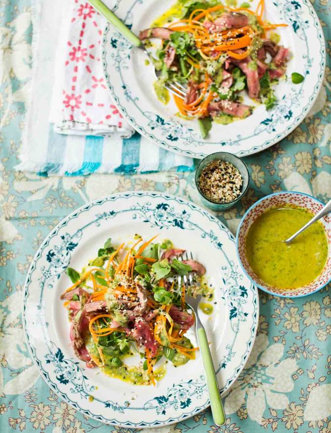 Recipe: Seared beef salad with carrot noodles and tahini dressing