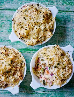 Recipe: Salmon, bacon and kale pies with celeriac and horseradish rosti topping
