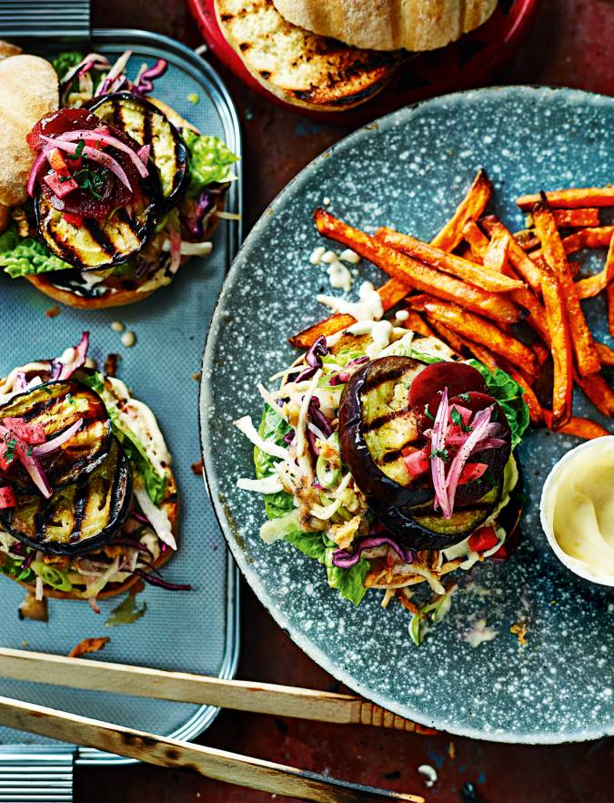 Recipe: Roasted aubergine burger with quick pickles