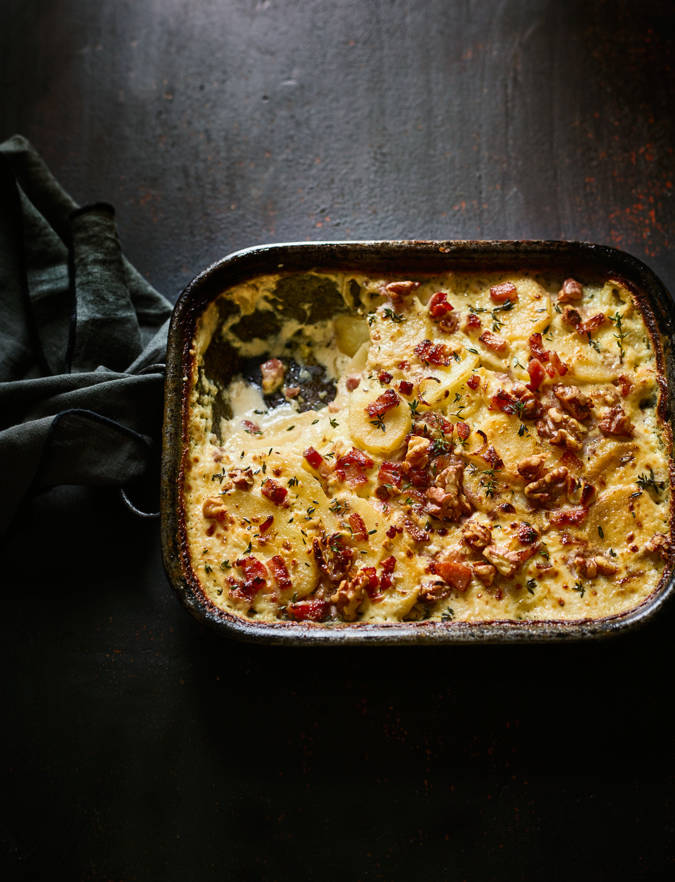 Recipe: Potato and parsnip gratin with bacon and walnuts