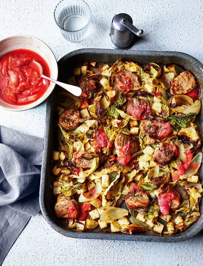 Recipe: Pork and winter veg traybake with speedy rhubarb relish