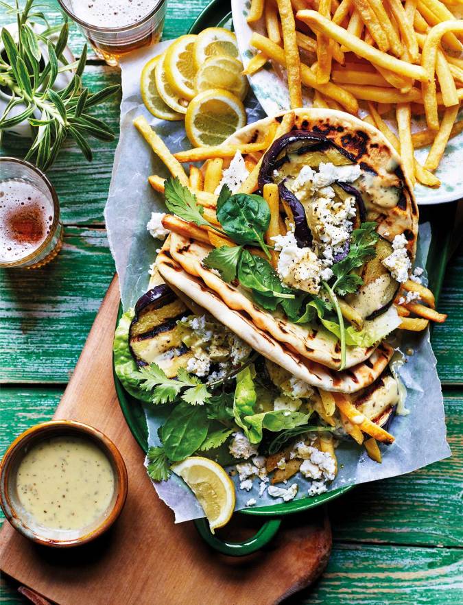 Recipe: Barbecued aubergine, pesto & feta gyros