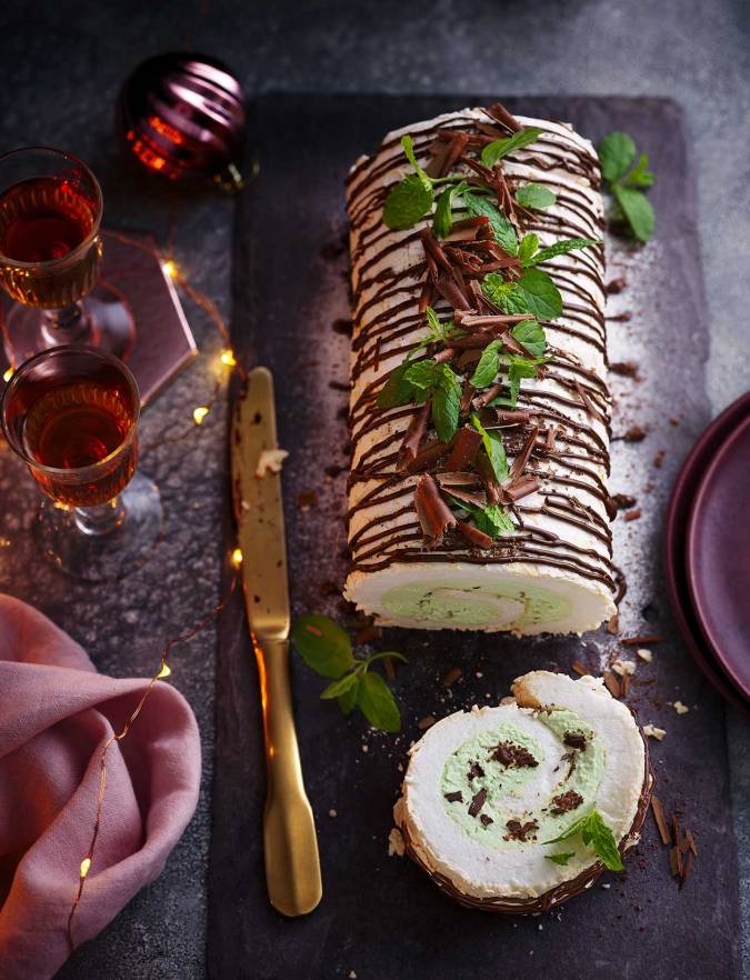Recipe: Peppermint cream meringue roulade