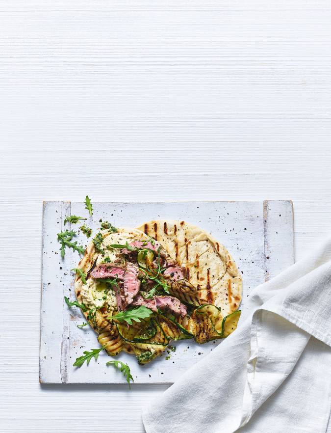 Lamb flatbreads with Greek pesto recipe Sainsbury's Magazine