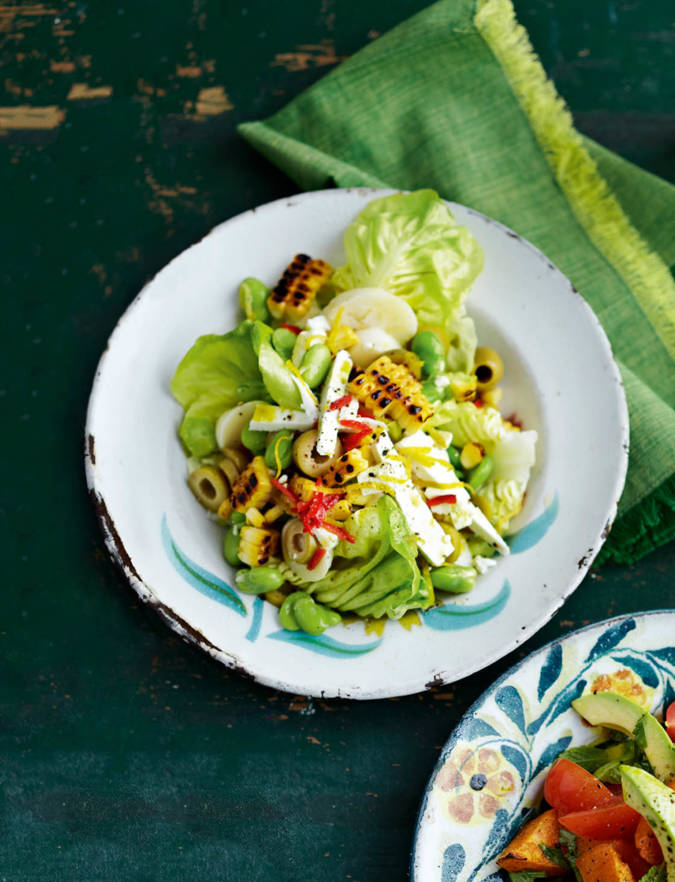 Recipe: Spicy broad bean, corn and olive salad