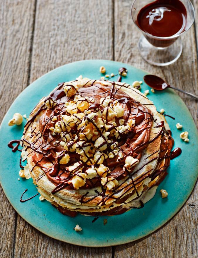 Recipe: Chocolate popcorn pancake stack