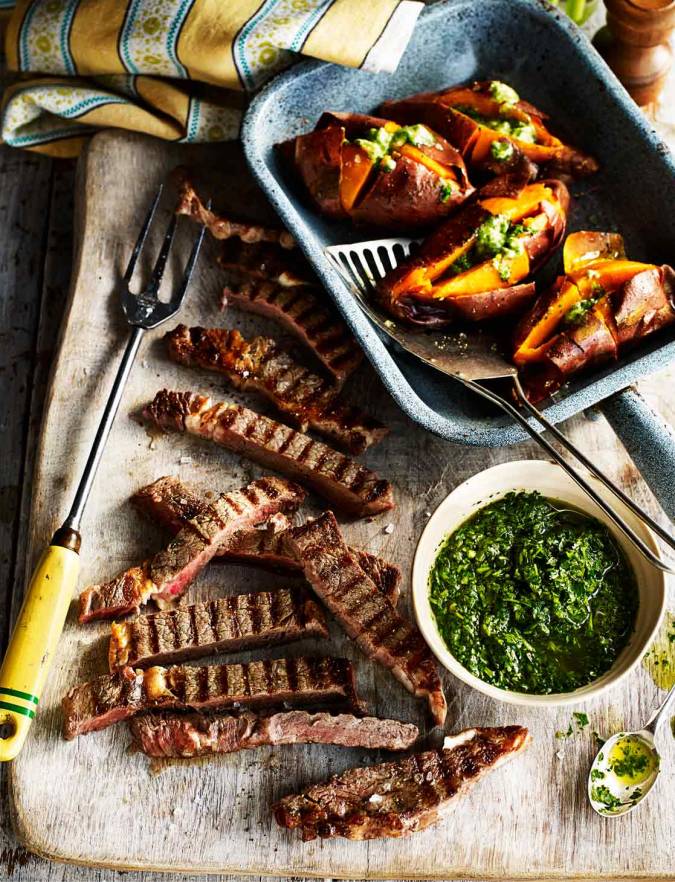 Recipe: Steaks with chimichurri salsa and baked sweet potatoes