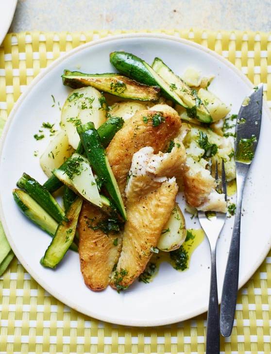 Recipe: Pan-fried fish with herby potatoes and courgettes