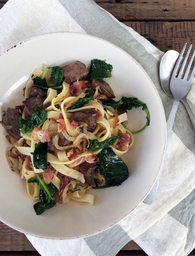 Recipe: Chicken liver & pancetta tagliatelle with kale