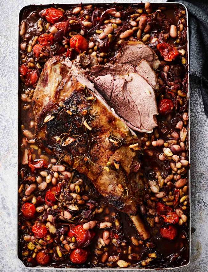 Recipe: Slow-cooked leg of lamb with beans and tomatoes