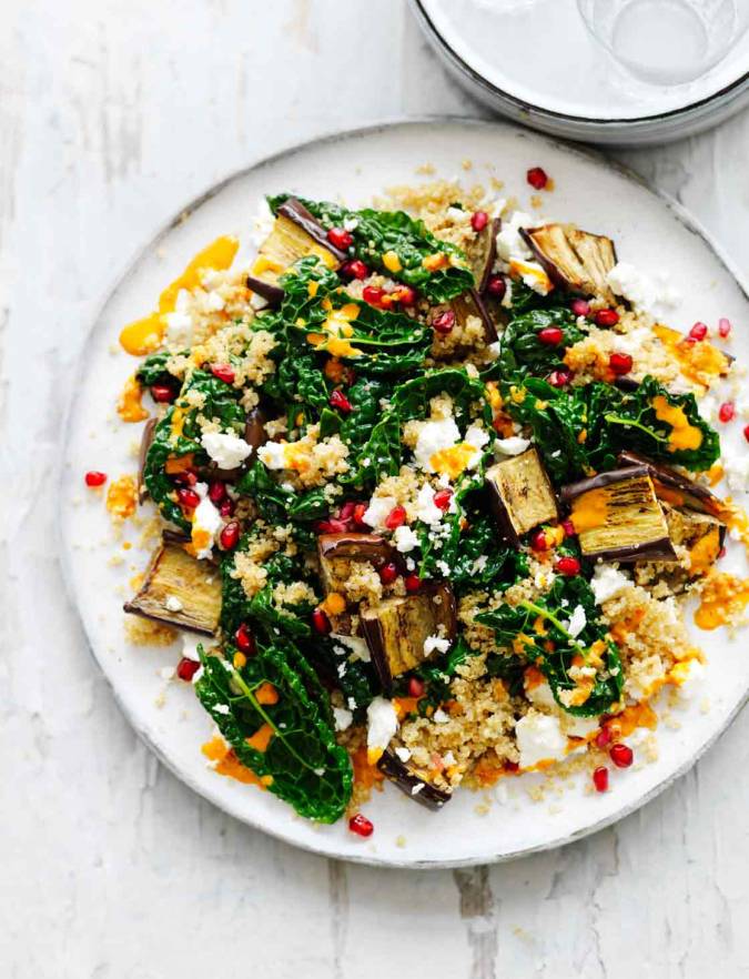 Recipe: Feta, aubergine, pomegranate and harissa salad