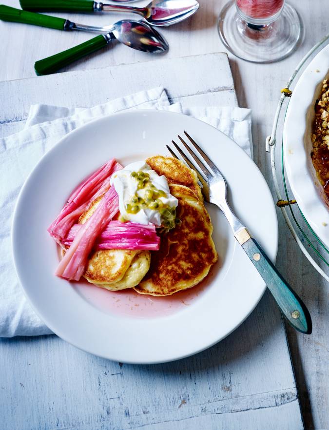 Recipe: Ricotta pancakes with roasted rhubarb and passion fruit