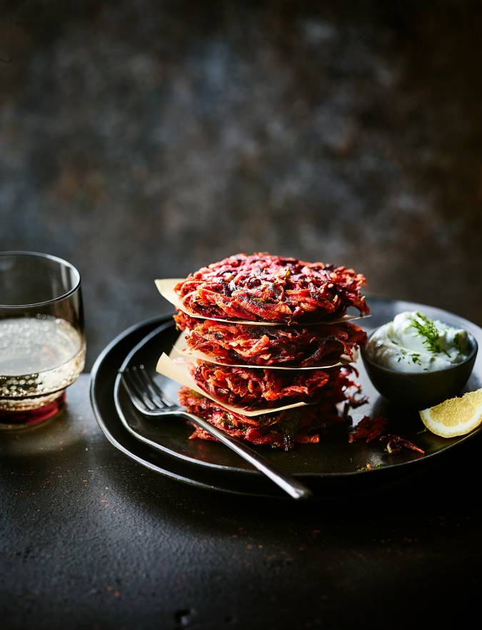 Recipe: Beetroot and dill fritters with yogurt sauce