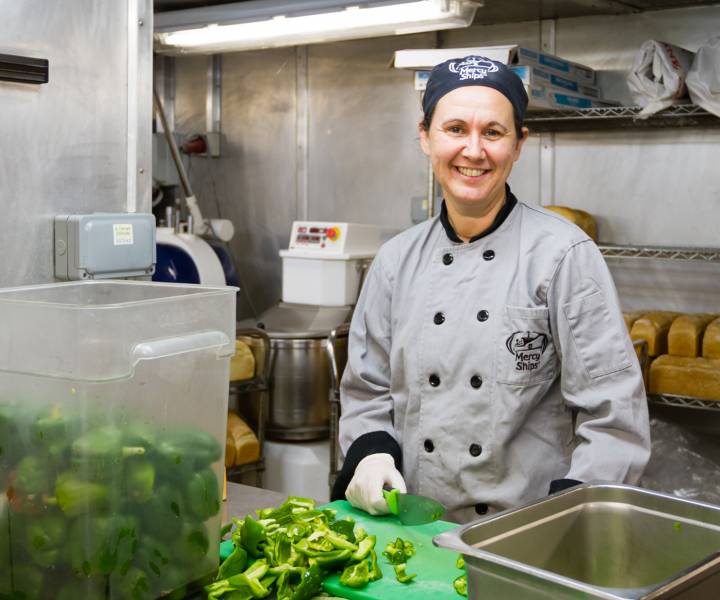 Volunteer cook Angie Browne on feeding the crew on a floating Mercy Ships hospital