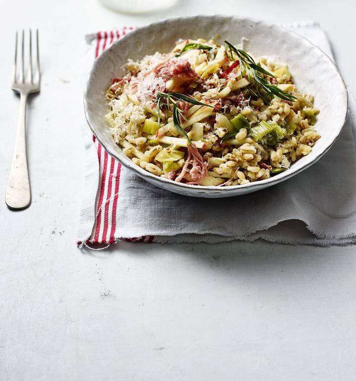 Leek, ham and apple barley ‘risotto’
