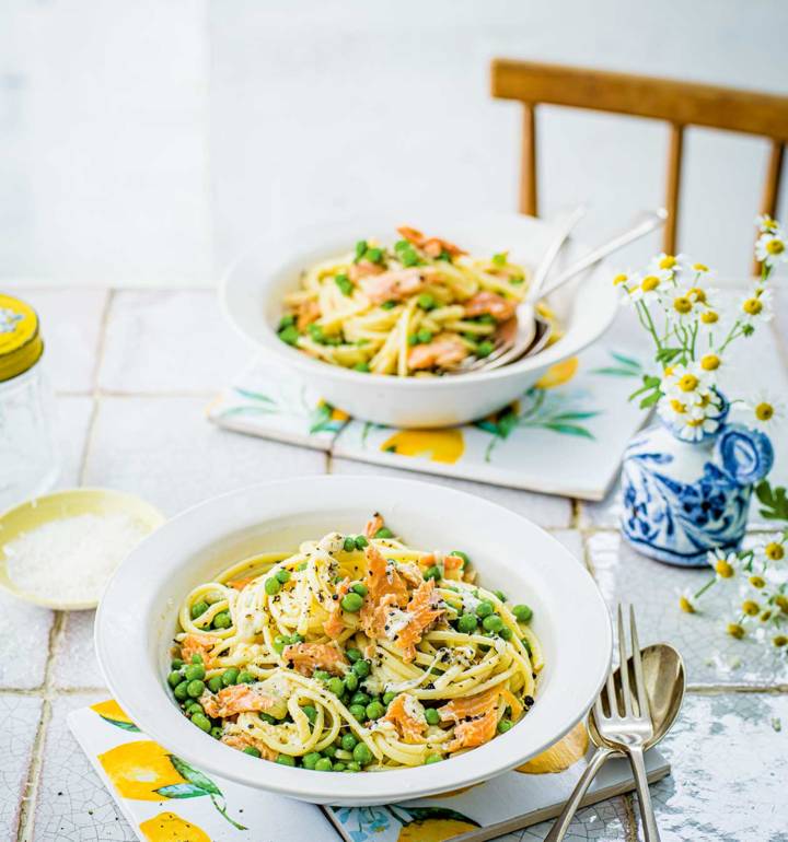 Smoked trout and pea cacio e pepe