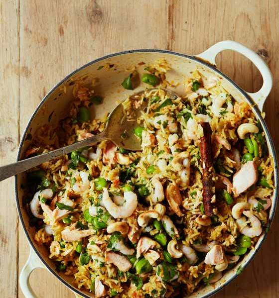 Salmon, prawn and broad bean pilaf