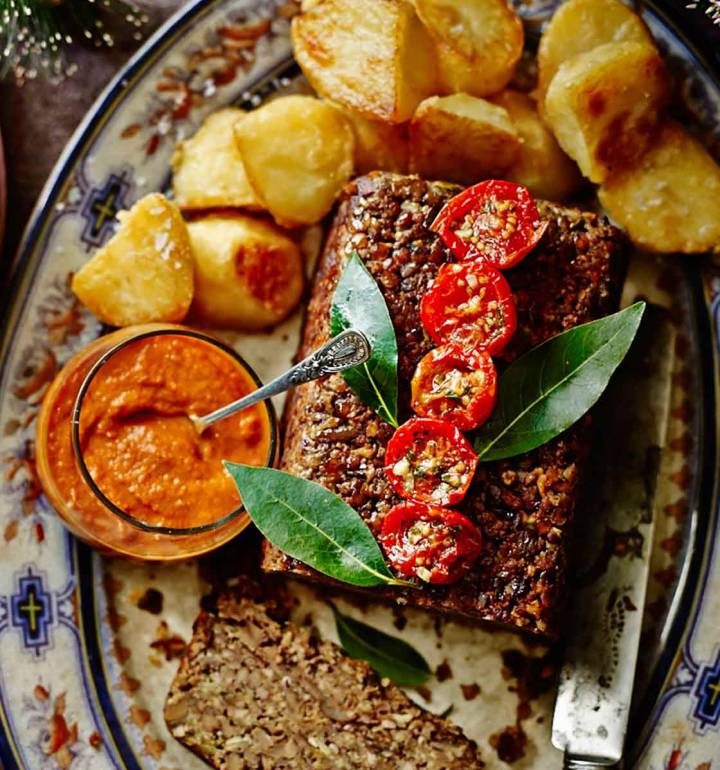 Brazil nut & chestnut roast with smoky chipotle-chilli sauce (gluten-free)