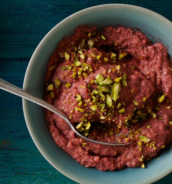 Dukkah-spiced beetroot dip with pistachio