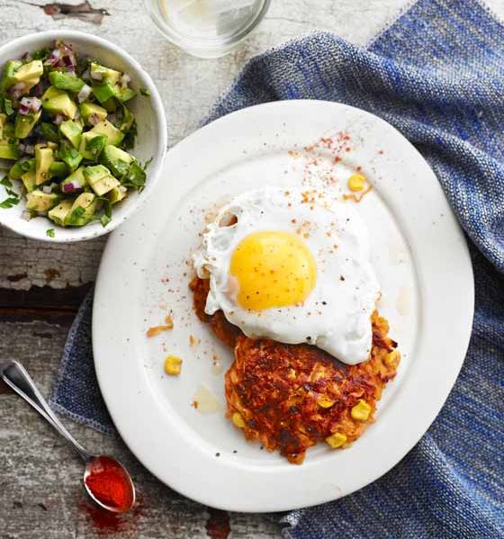 Sweet potato rostis with fried eggs and avocado salsa