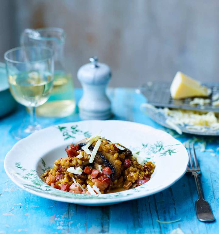 Portobello mushroom and bacon barley risotto