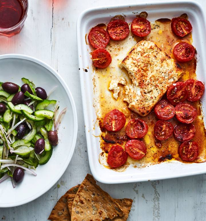 Honey-baked feta with cucumber salad