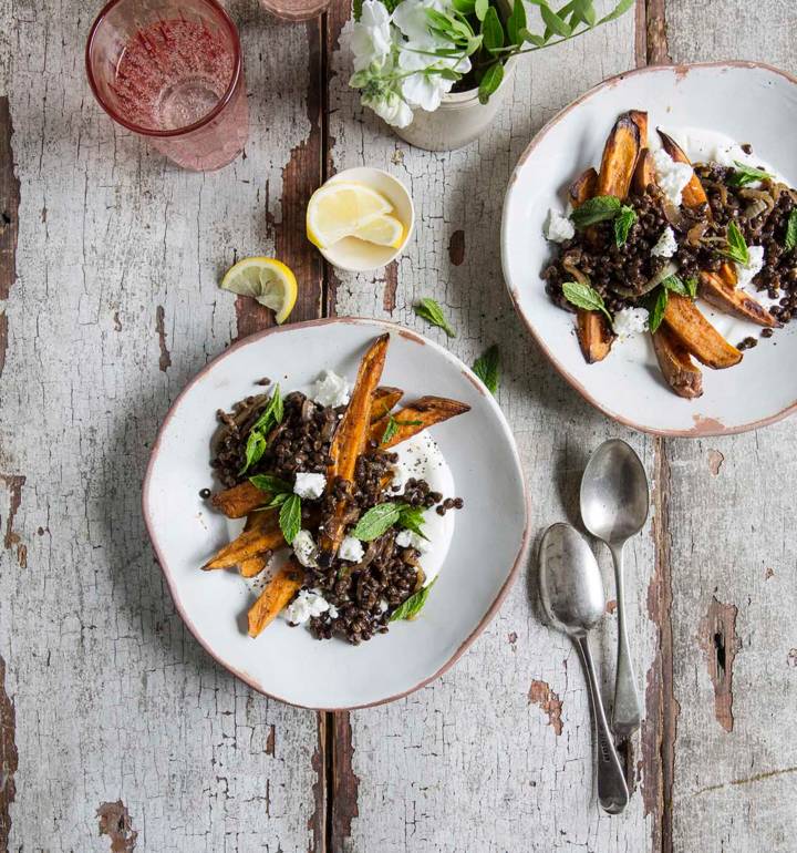 Roast sweet potato, lentils and feta