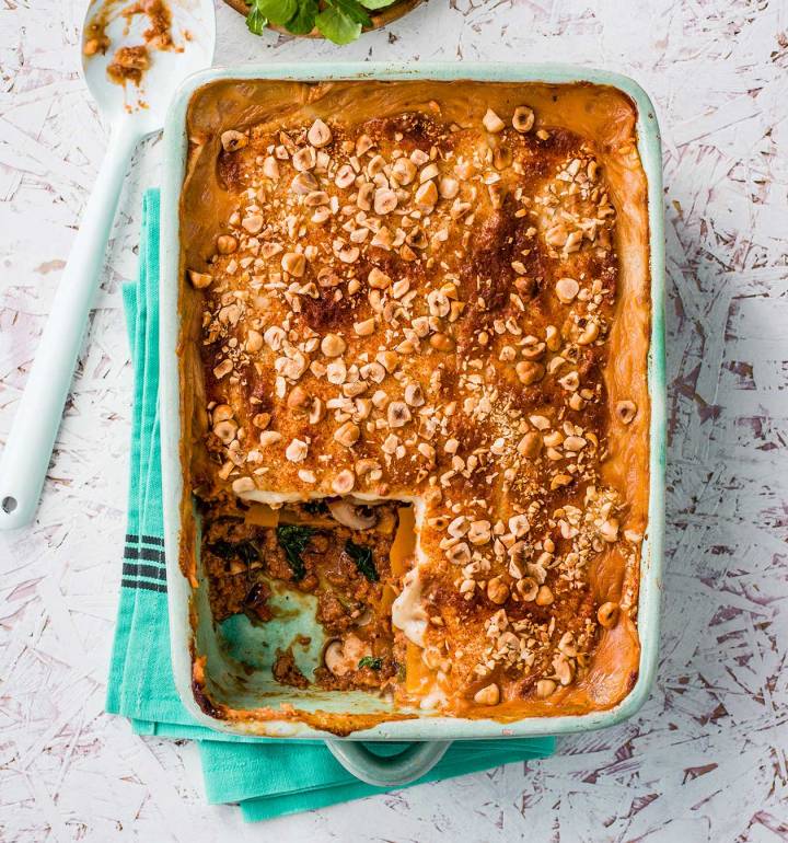 Vegan lasagne with butternut squash and hazelnuts