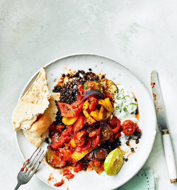 Spicy ratatouille with lentils and lime yogurt