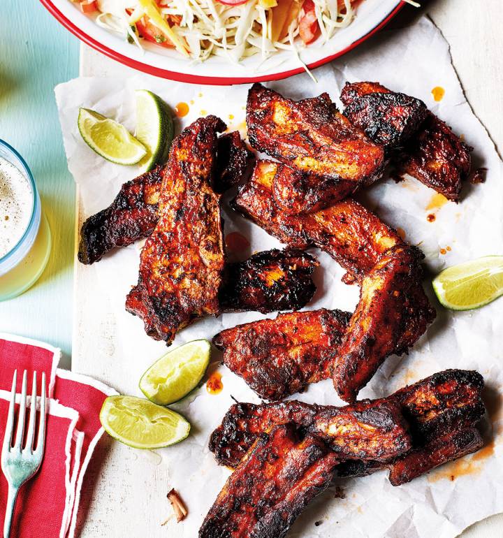 Jerk pork belly with mango slaw