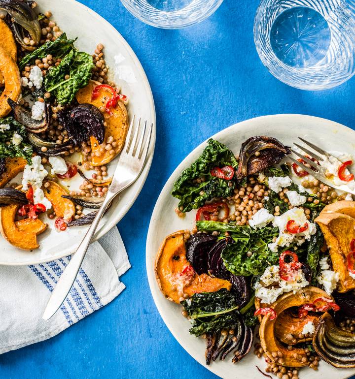 Tray-baked squash, beetroot and giant couscous with goats' cheese