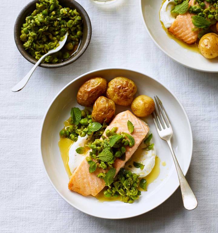 Roast salmon with zesty peas and mint recipe | Sainsbury`s Magazine