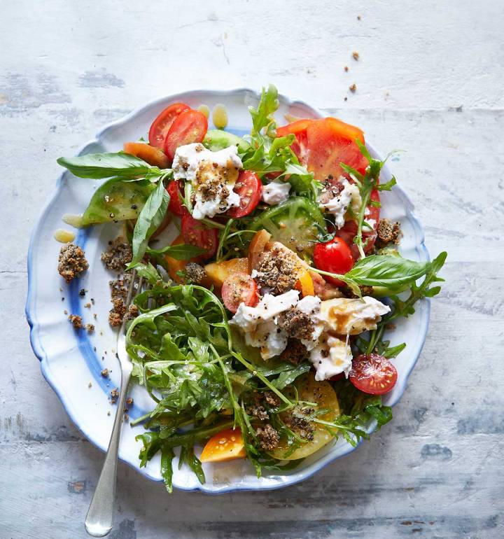 Tomato and burrata salad with olive crumb