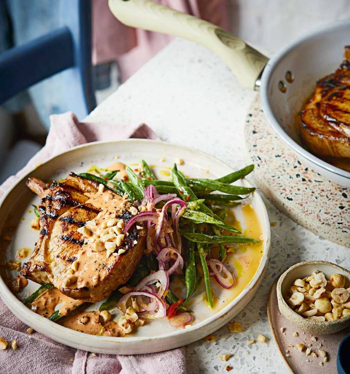 Pork chops with smashed green bean salad
