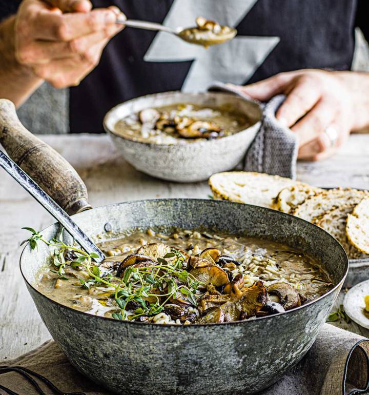 Creamy miso mushroom soup with wild rice