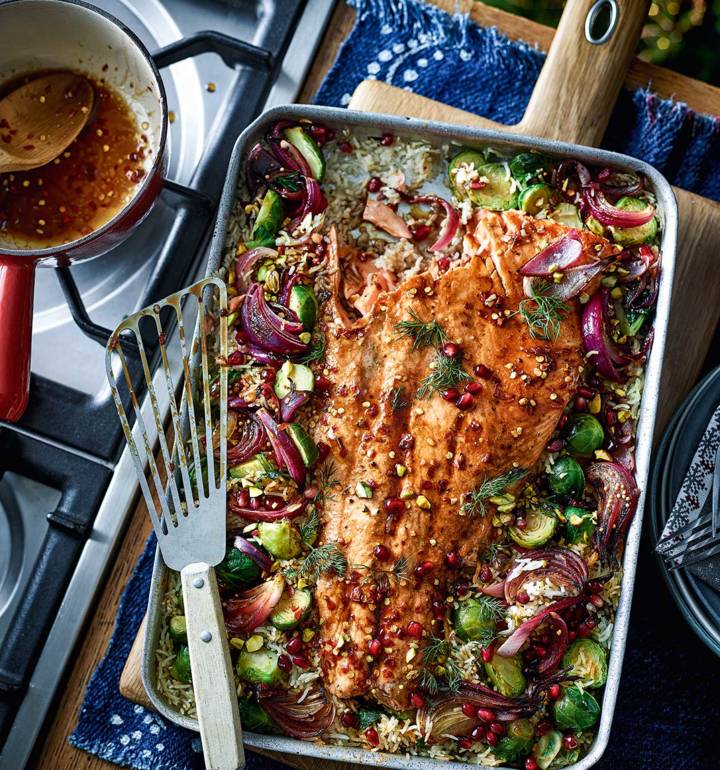 Spiced salmon and sprout traybake