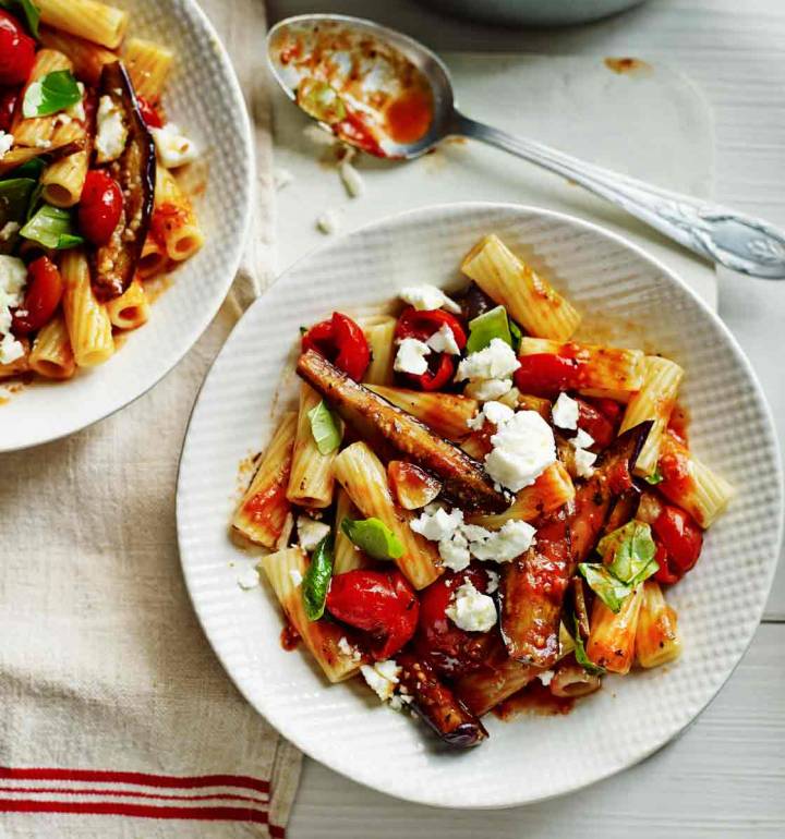 Rigatoni With Aubergine Tomato Feta And Basil Sauce Sainsbury S Magazine Rigatoni With Aubergine Tomato Feta And Basil Sauce Sainsbury S Magazine
