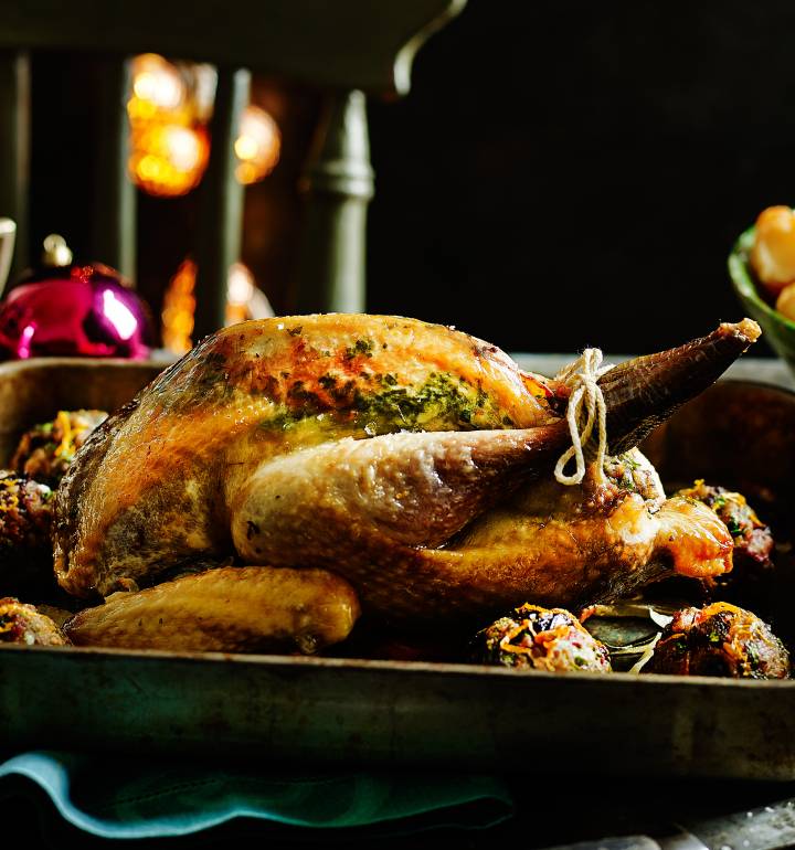 Roast guinea fowl with prune and bacon stuffing