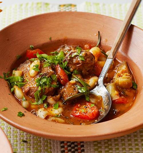 Lamb stew with artichokes, cannellini beans and sunsoaked tomatoes
