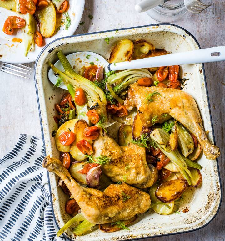 Italian chicken, fennel and garlic traybake