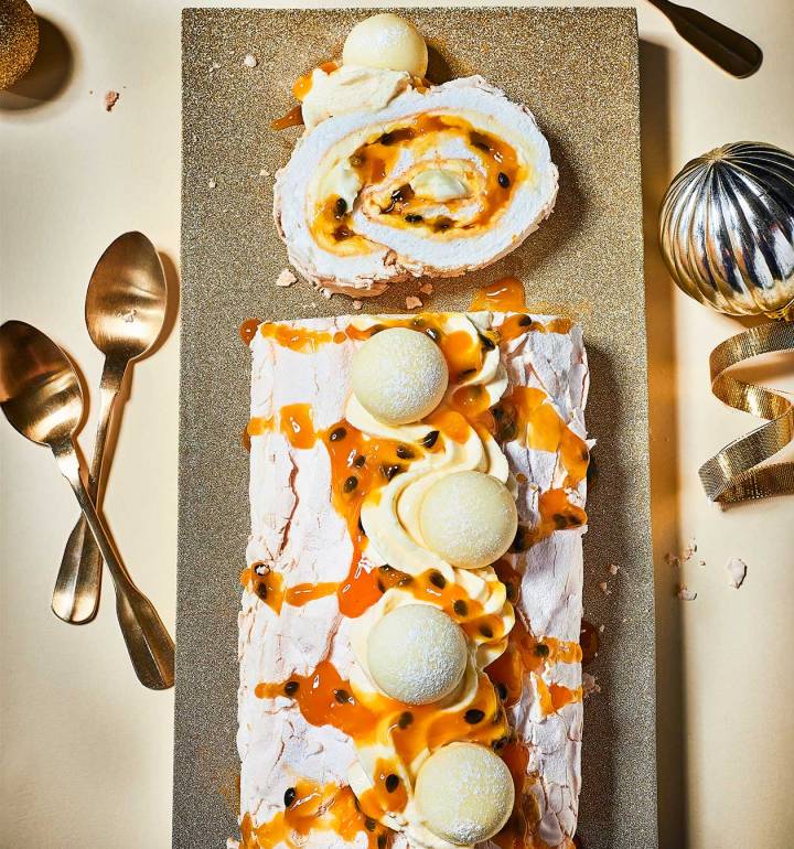 Lindor white choc-truffle and passionfruit roulade