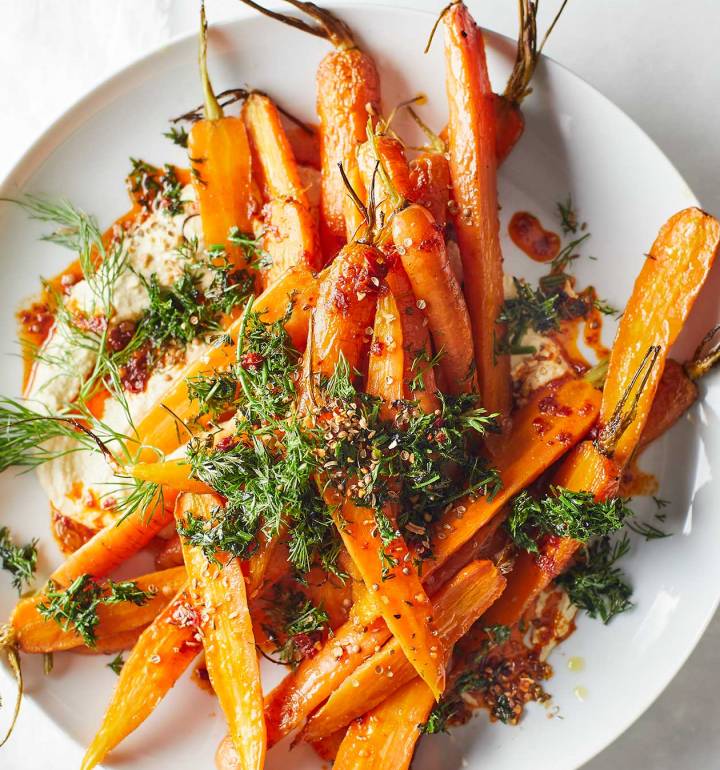 Roast carrot and houmous salad with harissa recipe Sainsbury`s Magazine