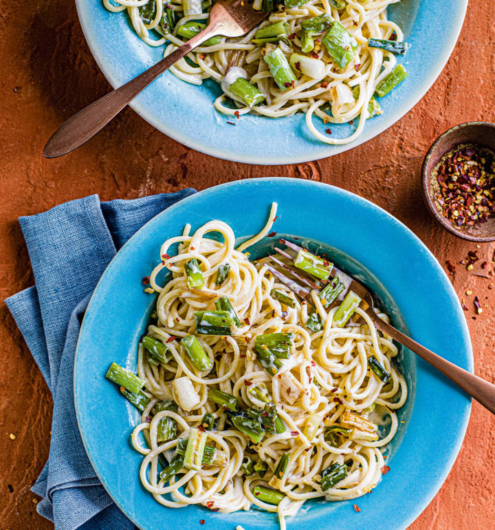 Charred spring onion miso spaghetti recipe