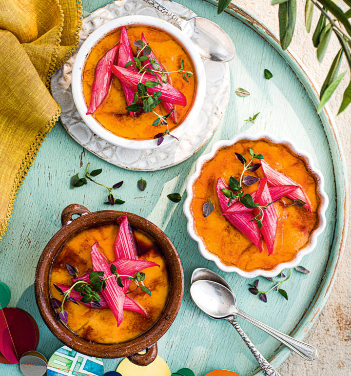 Crema Catalana with roasted rhubarb and thyme recipe