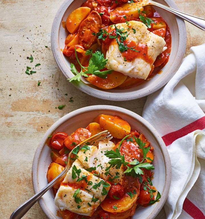 Braised cod patatas bravas