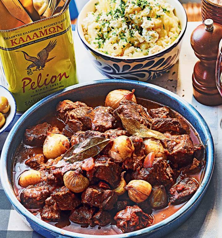 Lamb stifado with feta mash