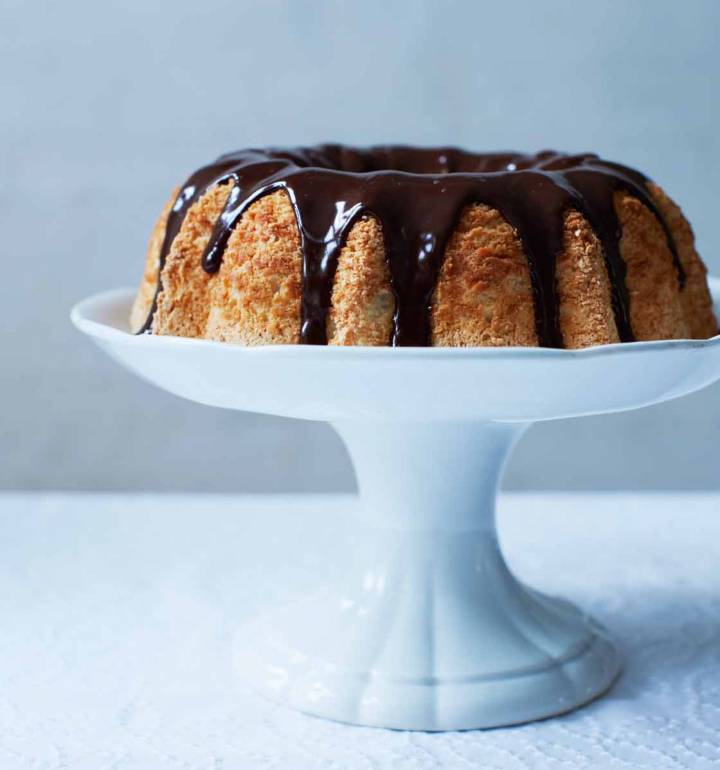 Angel food cake with dark chocolate ganache