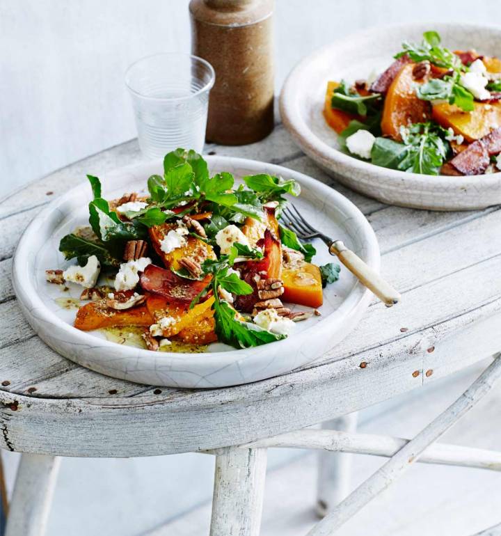 Maple roasted squash with bacon, feta and pecans